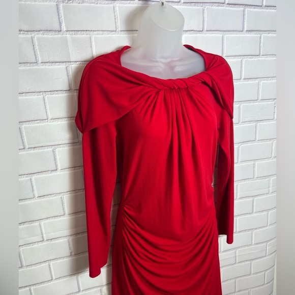 ELLEN TRACY Red Ruched Cowl Neck Long Sleeve Cocktail Gown/size S - Picture 6 of 10